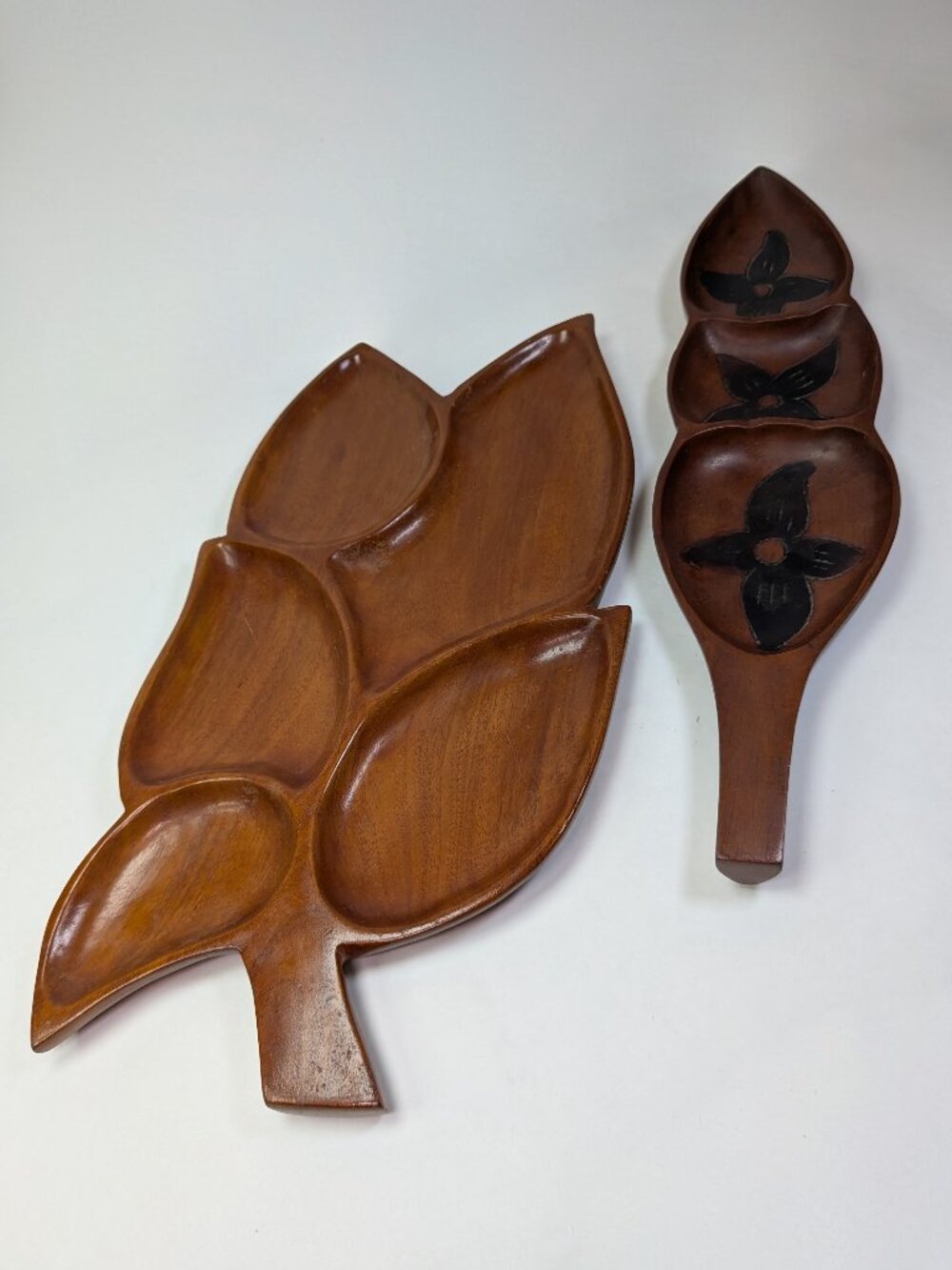 VTG Carved Wood Leaf Tray Set Sectional Platter & Handle Dish Hand Carved 60s